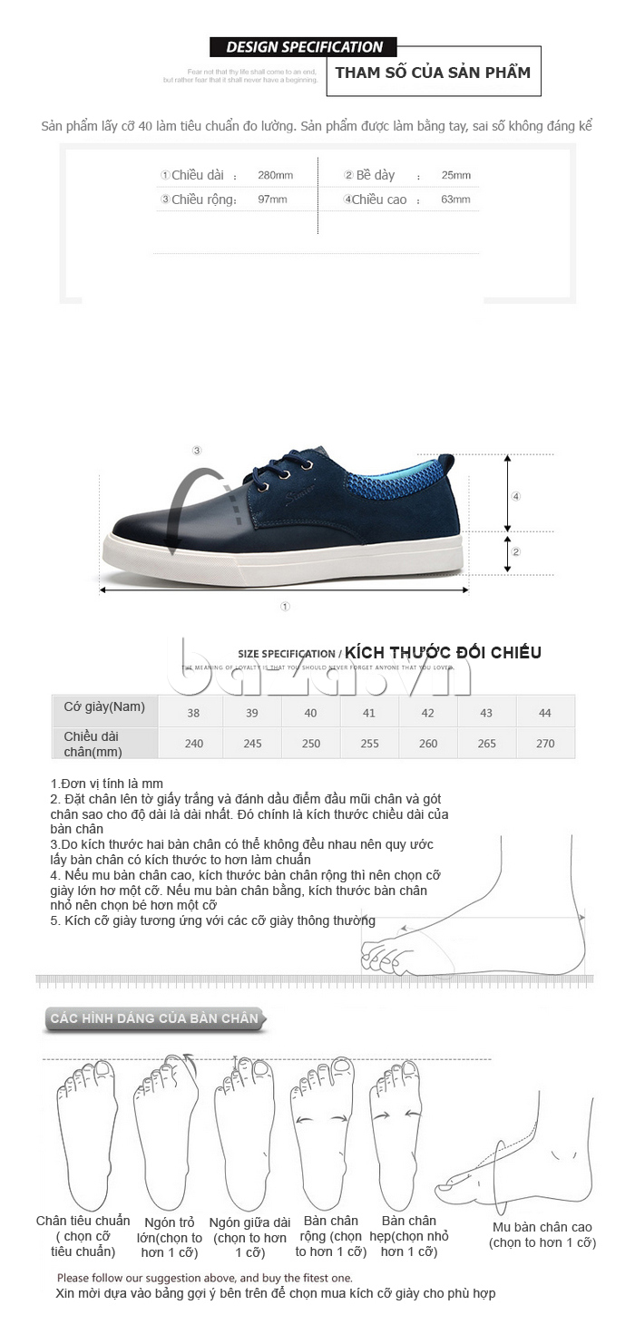Giày nam Simier 6738 - chọn giầy theo kích thước chân