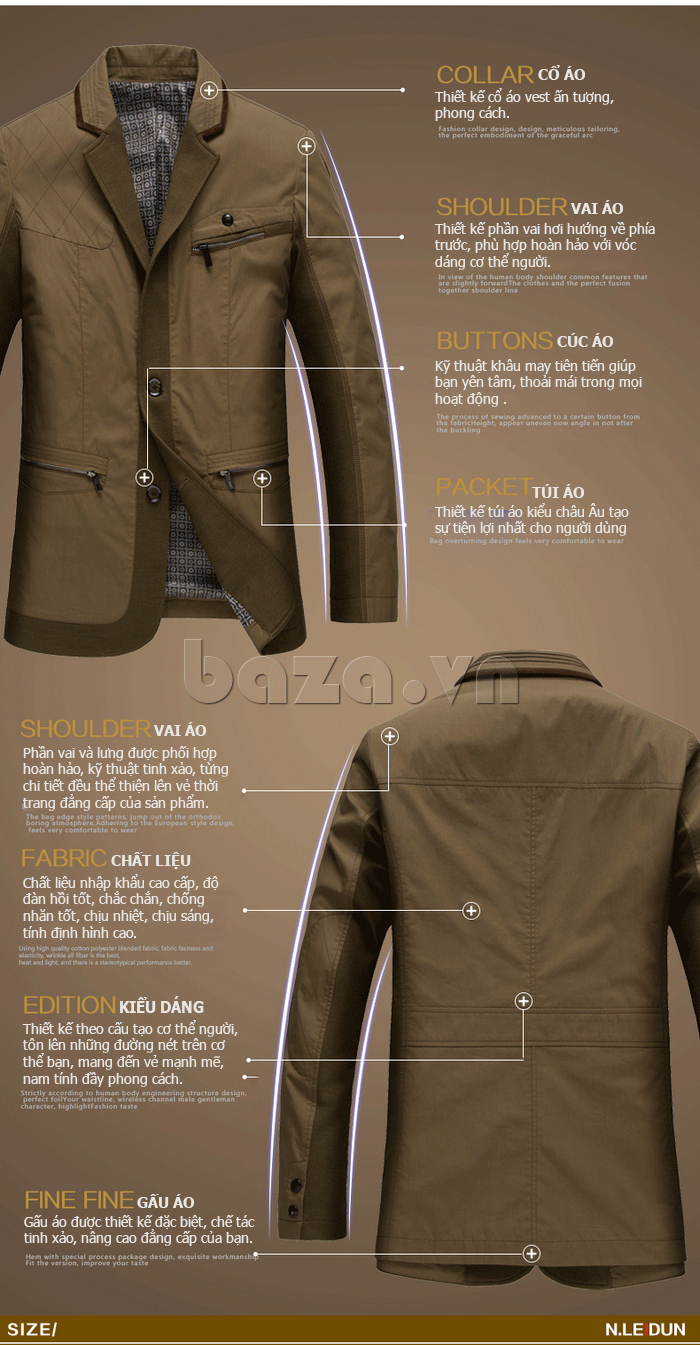 áo khoác Jacket thu đông nam Nleidun X7605 thiết kế cổ kiểu áo vest ấn tượng
