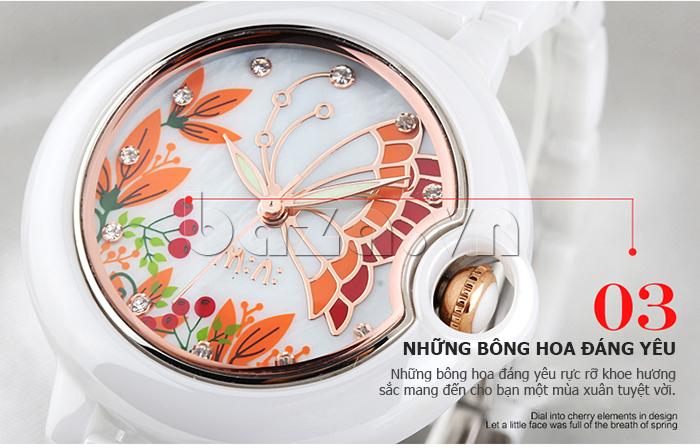 Đồng hồ nữ Mini MN1099 cánh bướm mùa xuân có những bông hoa trang trí đáng yêu rực rỡ 