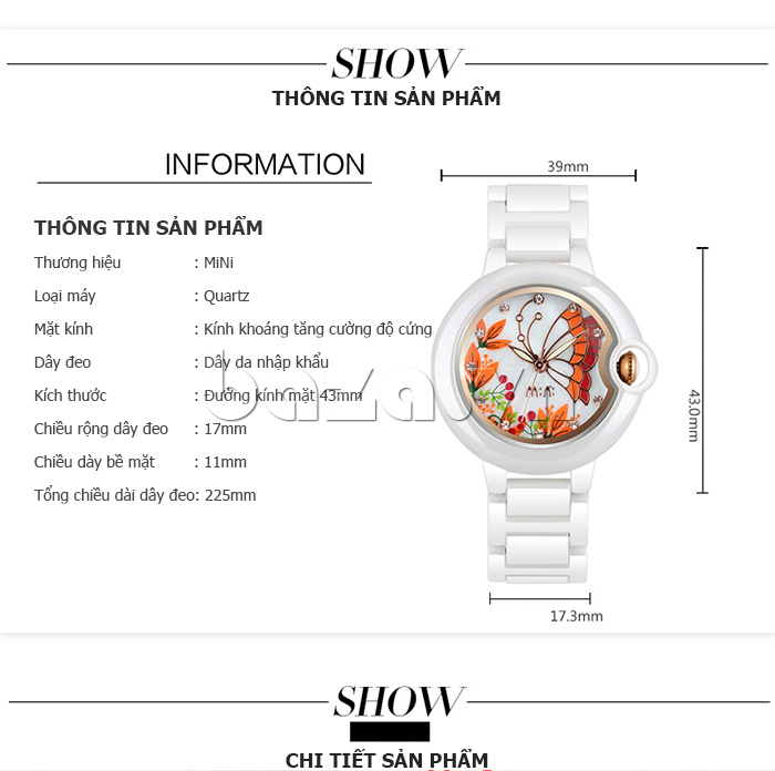 Thông tin sản phẩm của Đồng hồ nữ Mini MN1099 cánh bướm mùa xuân
