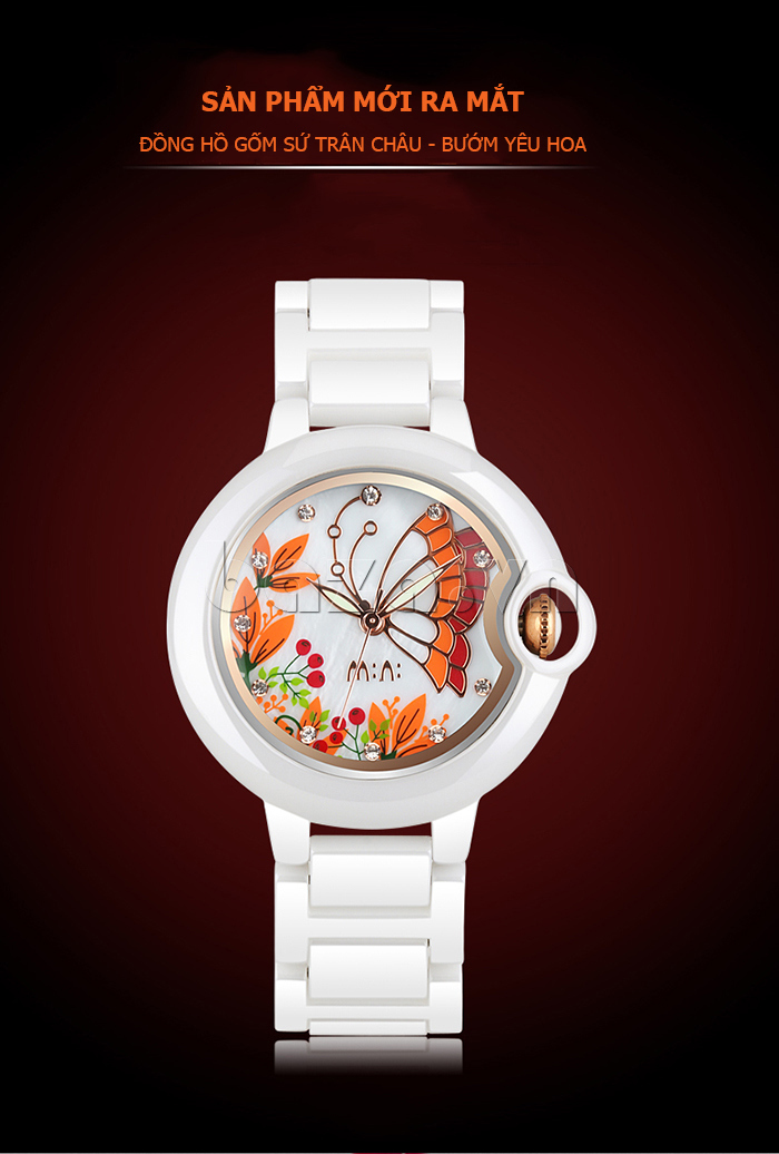 Đồng hồ nữ Mini MN1099 cánh bướm mùa xuân họa tiết bướm yêu hoa bằng gốm sứ trân châu sang trọng 