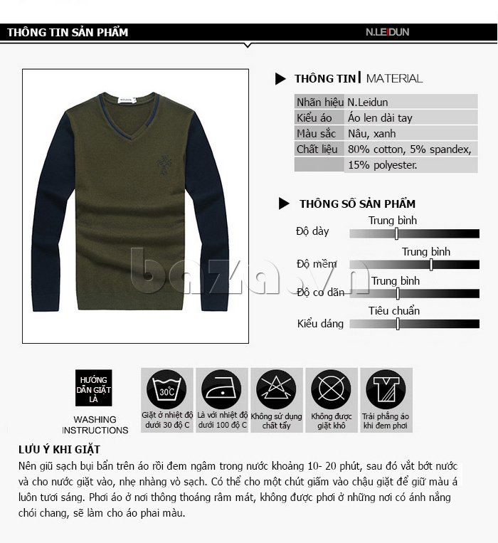 Áo len nam Nleidun Z6602 chất liệu cotton, spandex và polyester