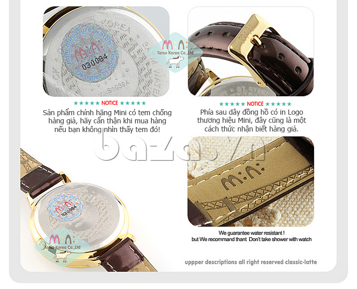 Đồng hồ nữ Mini MNS1039 thời trang đáng yêu dễ dàng nhận biết hàng giả nhờ tem chống hàng giả ở đáy đồng hồ 