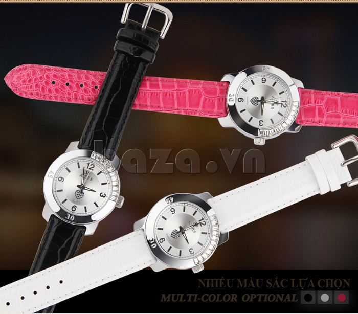 Đồng hồ nữ Aiers F127L chữ số to bản dây da đen và dây da hồng 