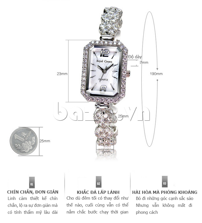 Đồng hồ nữ mặt đa giác Royal Crown 3809B/63809 - thiết kê tiêu chuẩn