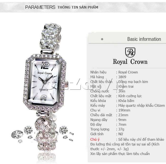 Thông tin sản phẩm Đồng hồ nữ mặt đa giác Royal Crown 3809B/63809