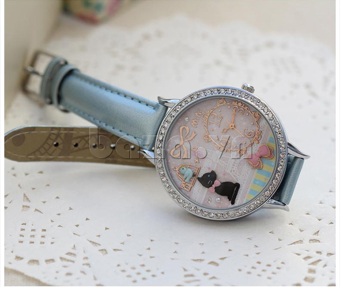 Đồng hồ nữ Mini Bé mèo đeo nơ múi giờ mạ màu  xa hoa, sang trọng, chất lượng hàng đầu 
