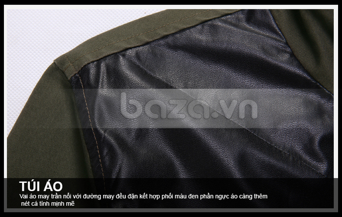 Baza.vn: Vai áo may trần nổi bật đường may đều đặn, phối với màu đen ở ngực áo, tăng thêm cá tính mạnh mẽ