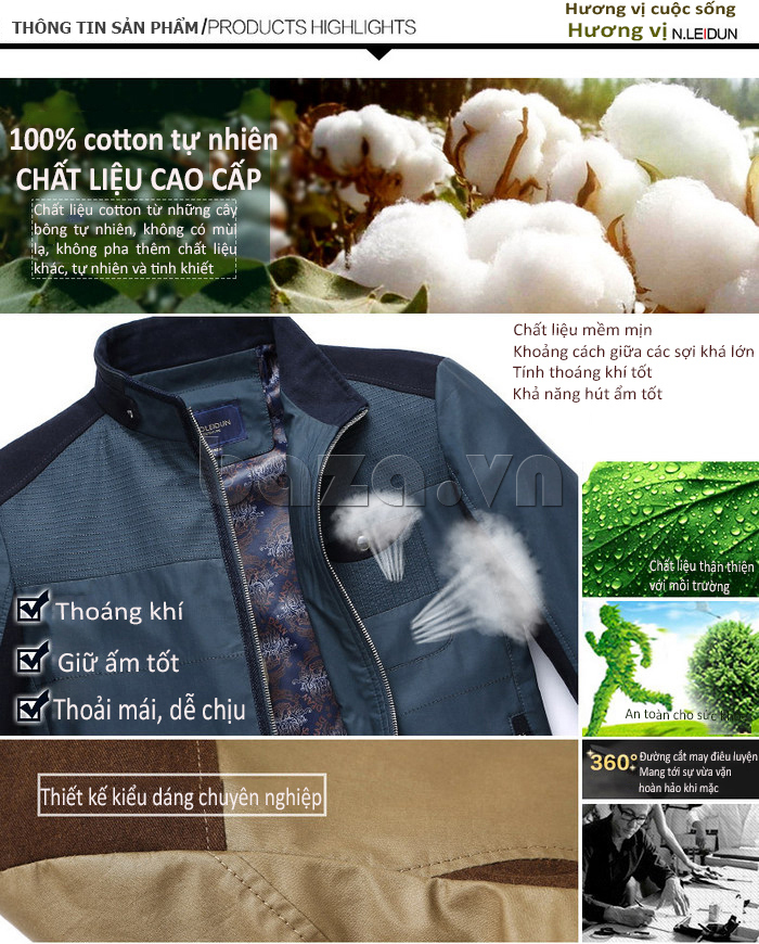 Áo khoác thu đông nam Nleidun J8078 100% cotton tự nhiên cao cấp