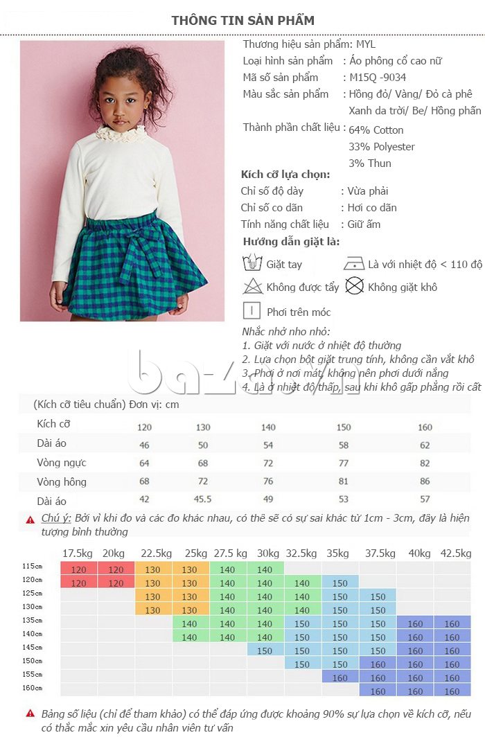 kích thước của Áo thu đông cao cổ cho bé gái MYL M15Q-9034