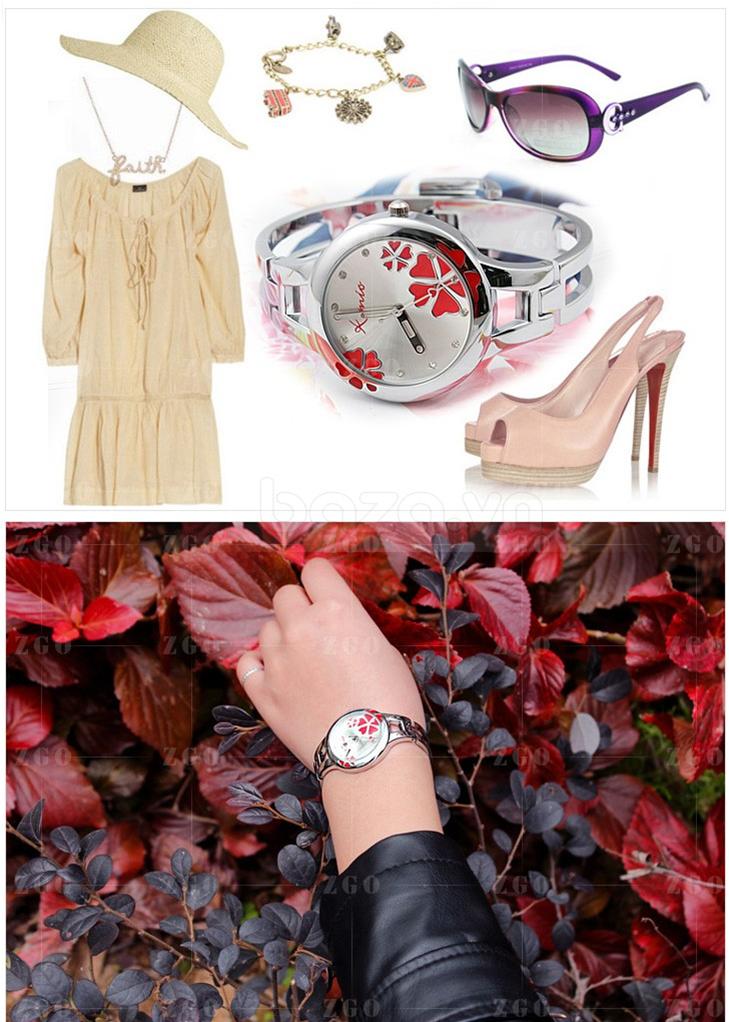 Baza.vn: Đồng hồ vòng tay KIMIO họa tiết hoa gắn kim cương thời trang