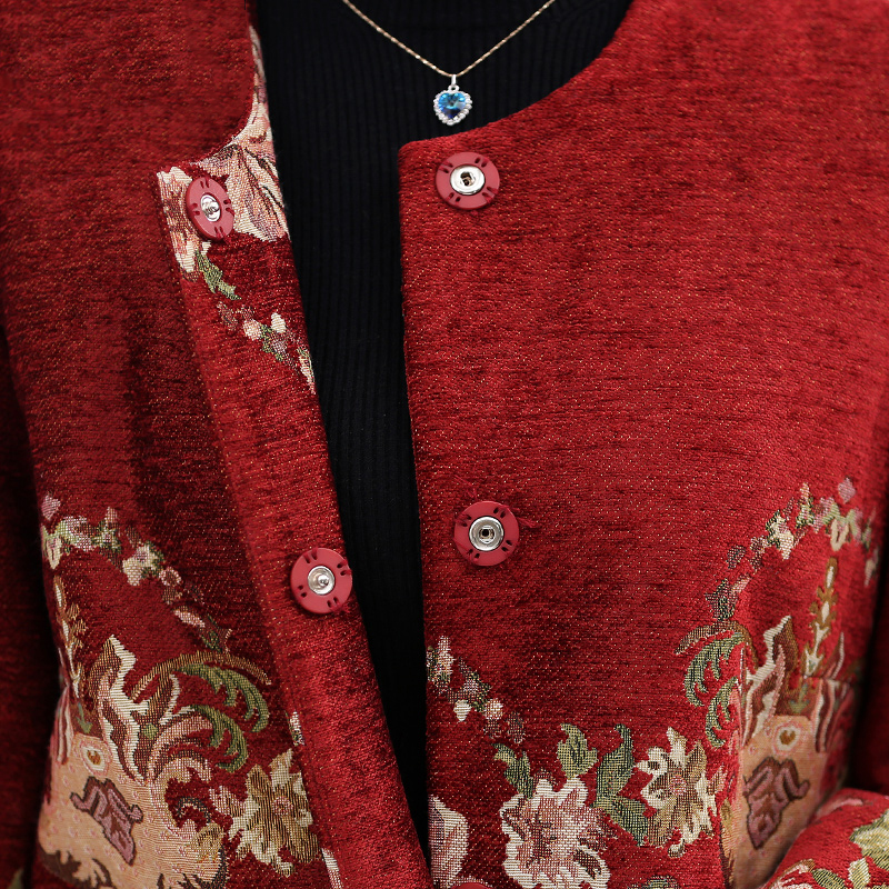 Áo khoác dạ dáng dài cổ tròn in hoa mẫu đơn hoàng gia SMT