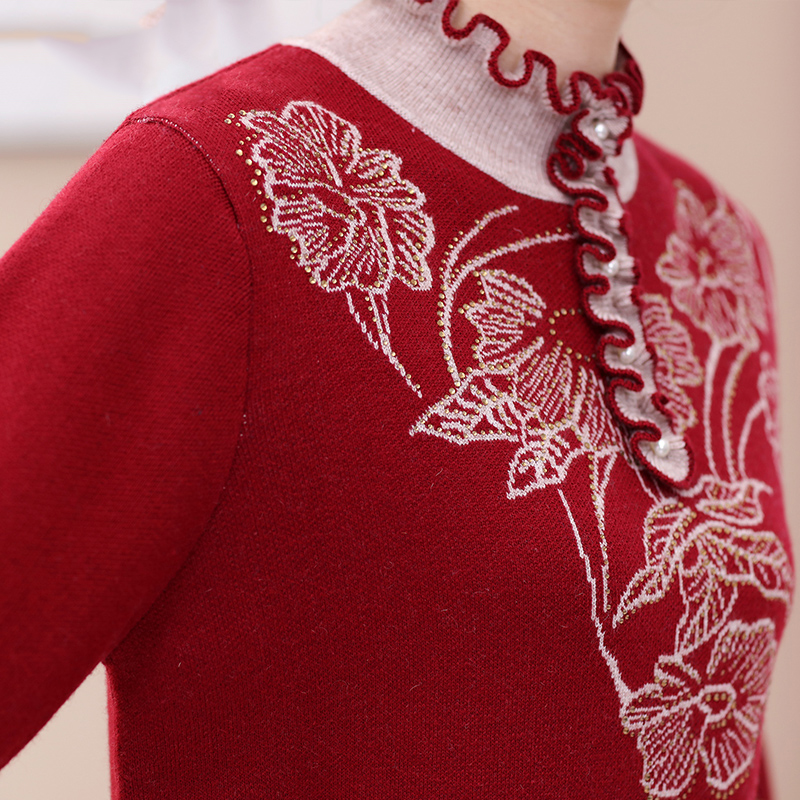 Áo len nữ dệt kim cổ tròn nhún bèo đính đá hoa huệ SMT